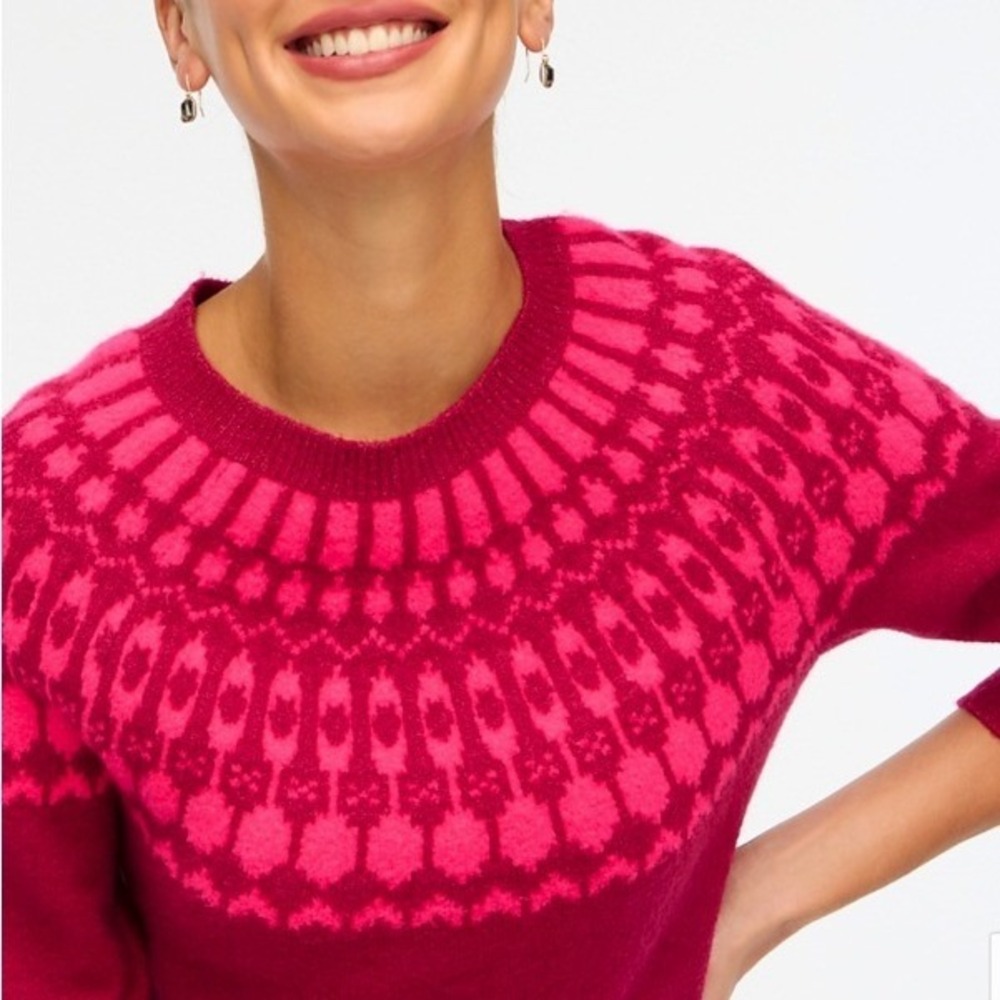 J.Crew Fair Isle Crewneck Sweater Extra-Soft Pink Necklace Burgundy Womens XS